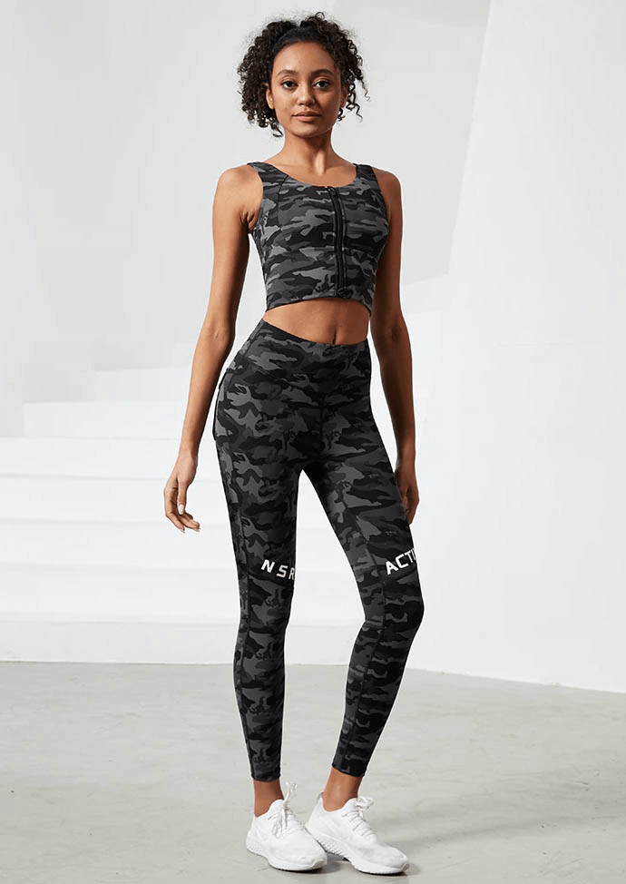 Woman wearing Workout Camouflage High Waist Seamless Leggings with Pockets designed for yoga and running; SF0207 model.